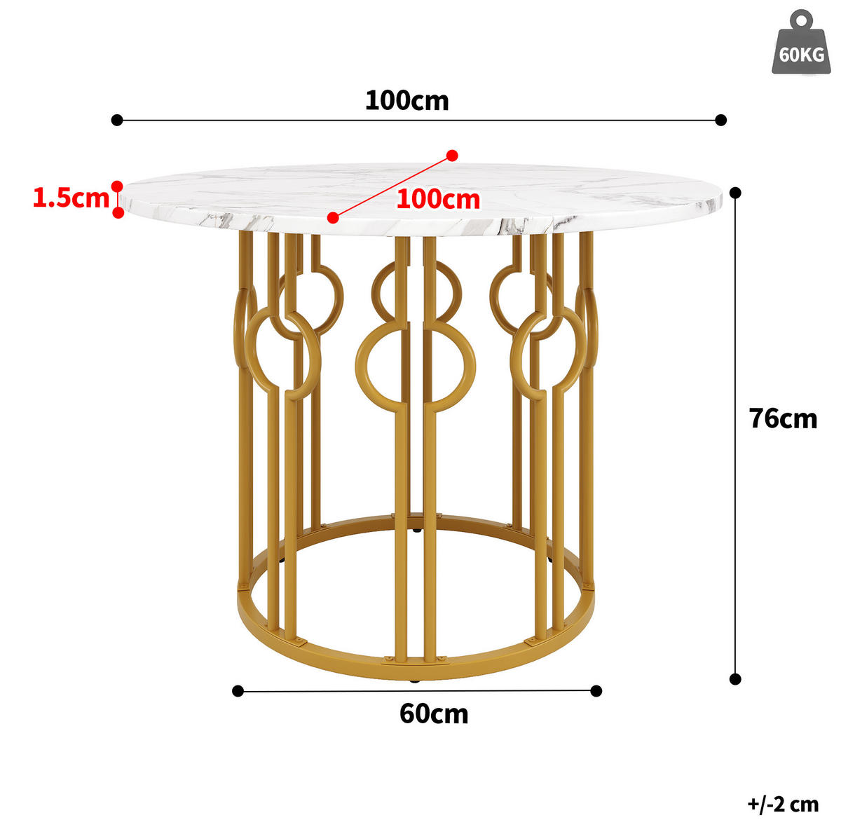 ESSTISCH 100/100/76 cm Weiß Gold runder Tisch aus MDF mit Metallbeinen - Goldfarben, Holzwerkstoff (100/100/76cm) - OKWISH