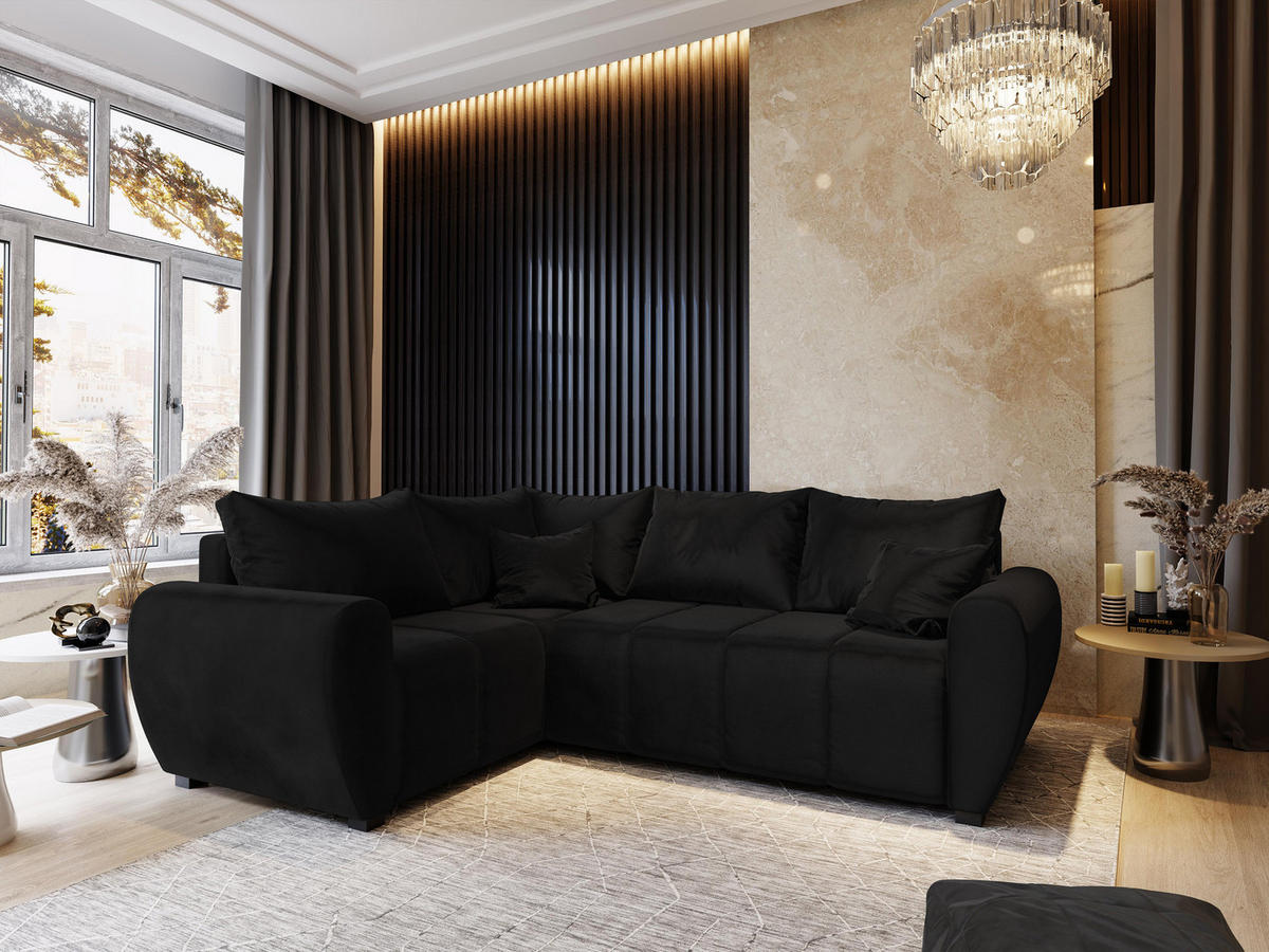 ECKSOFA MADISON L L-S Schwarz Plüsch-Stoff mit Schlaffunktion - Schwarz, Holz (235/175cm) - MASSENO