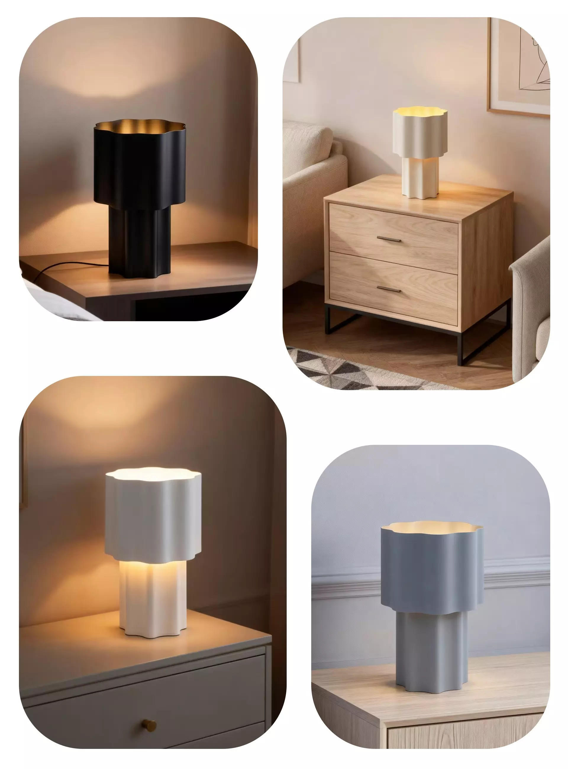 4 fotografie lampy na nočním stolku