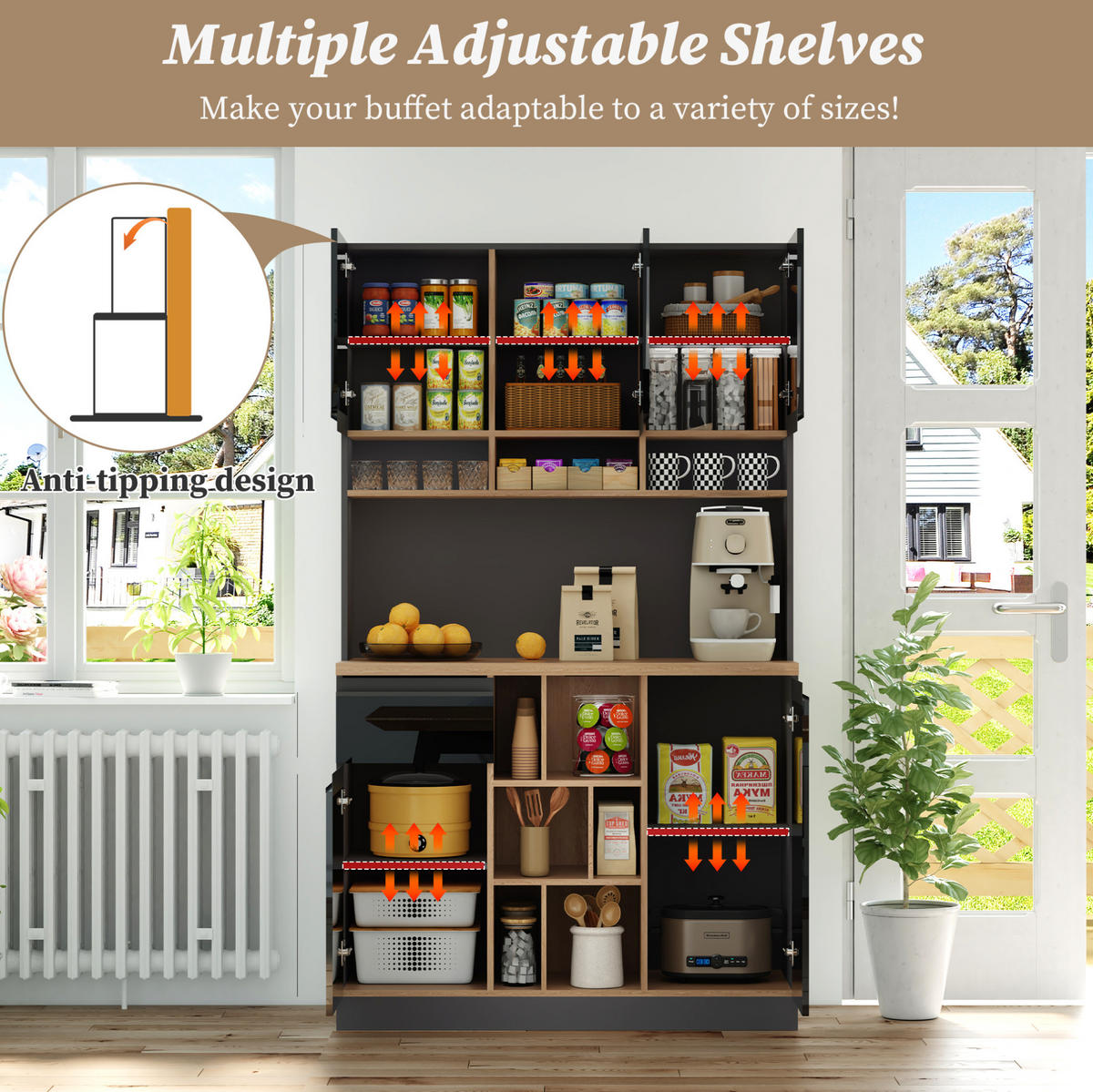 BUFFET 105/185/45 cm Anthrazit/Schwarz aus MDF mit verstellbaren Einlegeböden - Schwarz, Holzwerkstoff (45/185/105cm) - OKMYHOME