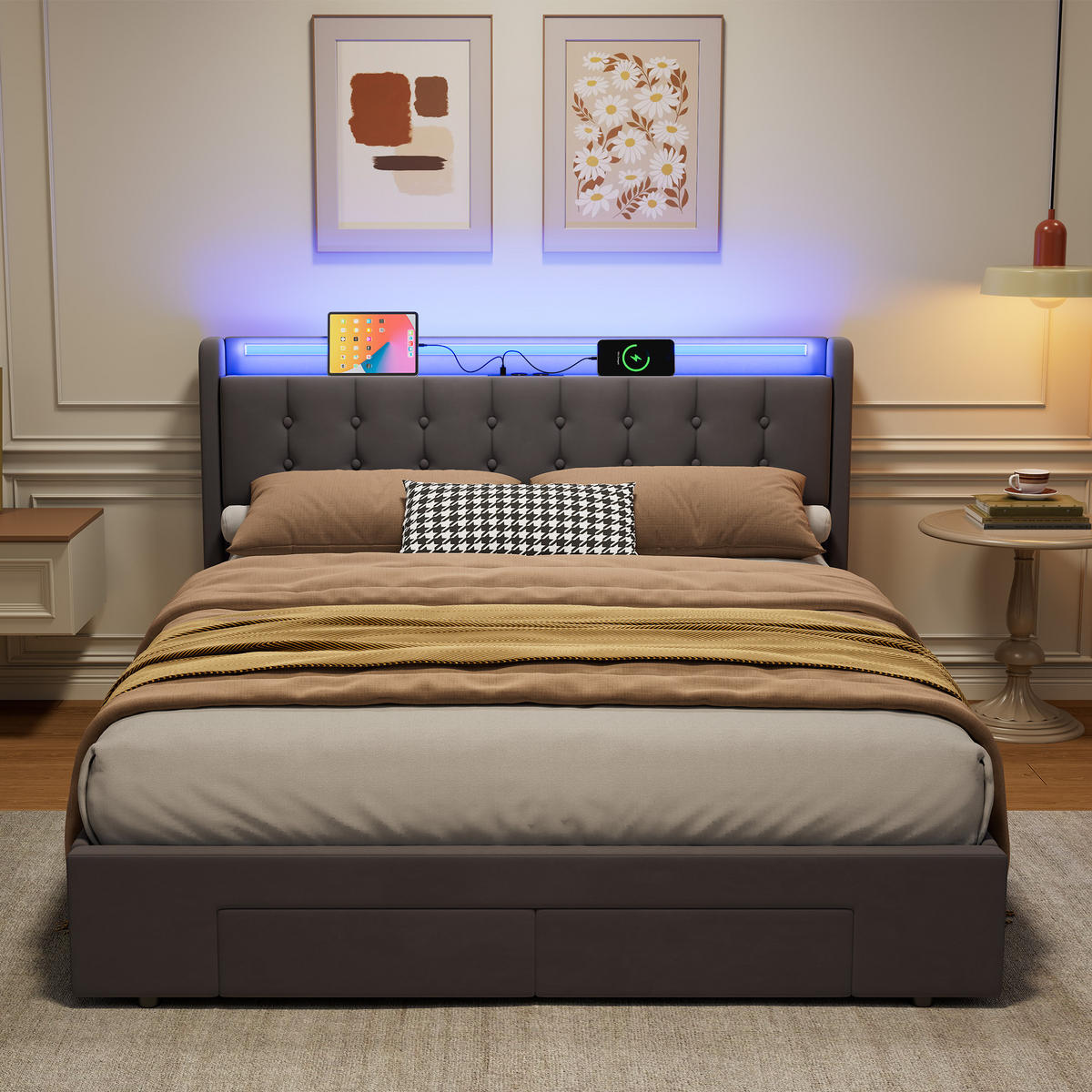 POLSTERBETT 160/200 cm in Grau, mit Matratze, Bettkasten, USB, LED, Stauraum und Schubladen - Grau, Holzwerkstoff/Textil (160/200cm) - WISHDOR