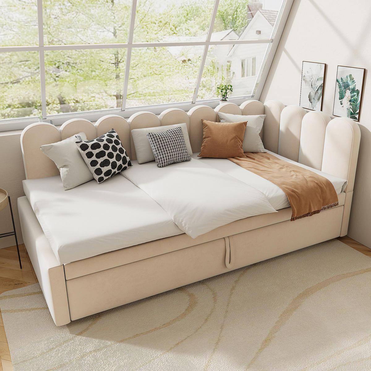 ROZKLADACIA posteľ 90/200 cm béžová v tvare L s výsuvným lôžkom zo zamatu - béžová, textil (90/200cm) - OKWISH