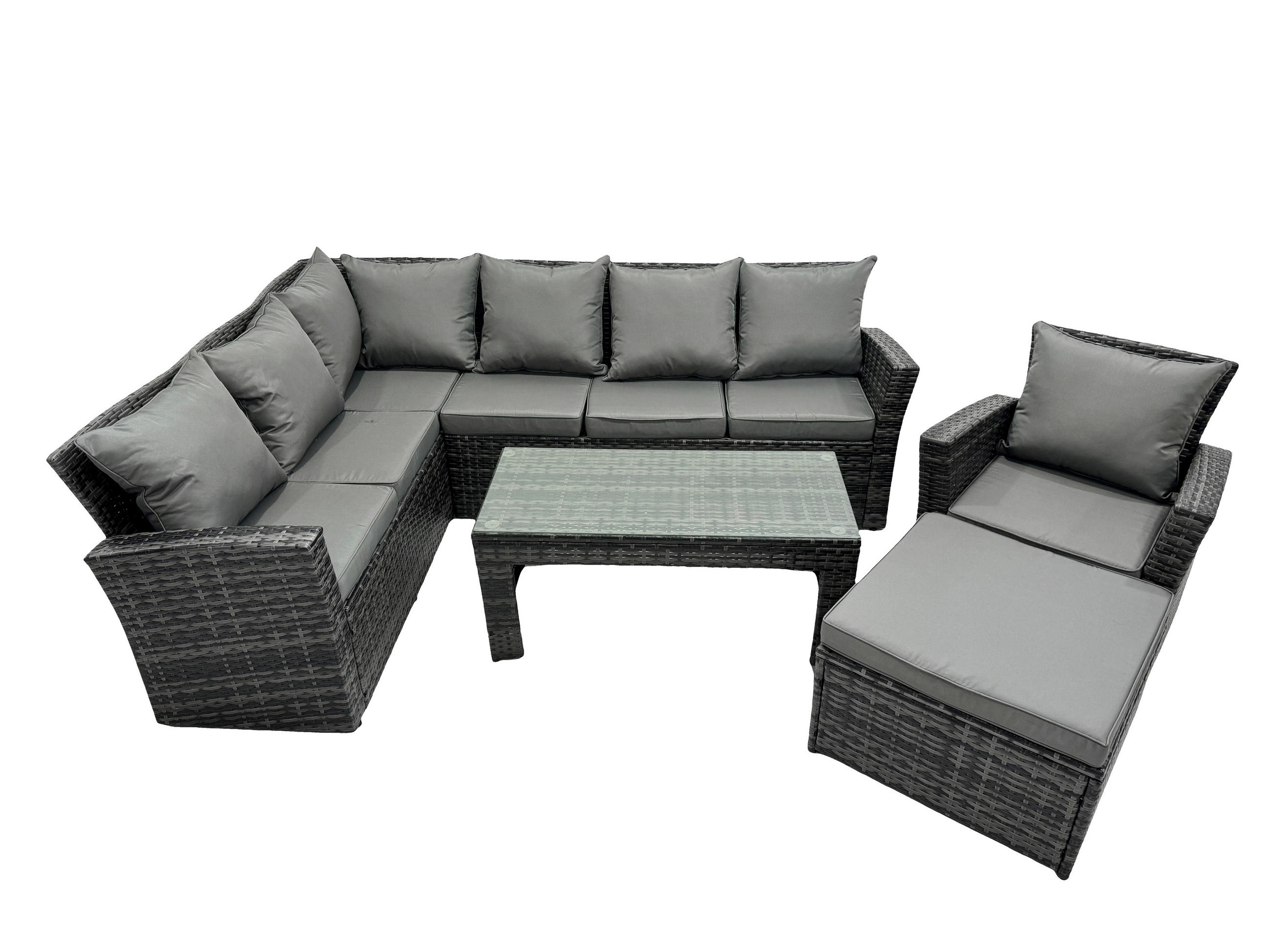 BALKONMÖBEL-SETS mit Ecksofa,Länglicher Couchtisch,Hocker Polyrattan Dunkelgrau 8-Sitzer - Dunkelgrau/Grau, Glas/Kunststoff - Fimous