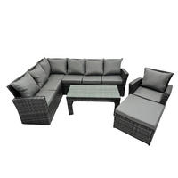 BALKONMÖBEL-SETS mit Ecksofa,Länglicher Couchtisch,Hocker Polyrattan Dunkelgrau 8-Sitzer - Dunkelgrau/Grau, Glas/Kunststoff - Fimous