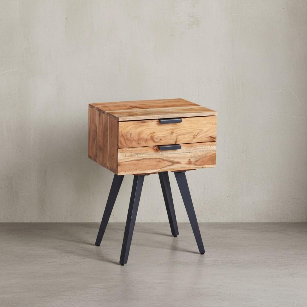 NACHTTISCH – Akazie Massivholz, Industrial-Stil, handmade, braun/grau - Beige/Anthrazit, Holz/Metall (47/65/35cm) - KADIMA DESIGN