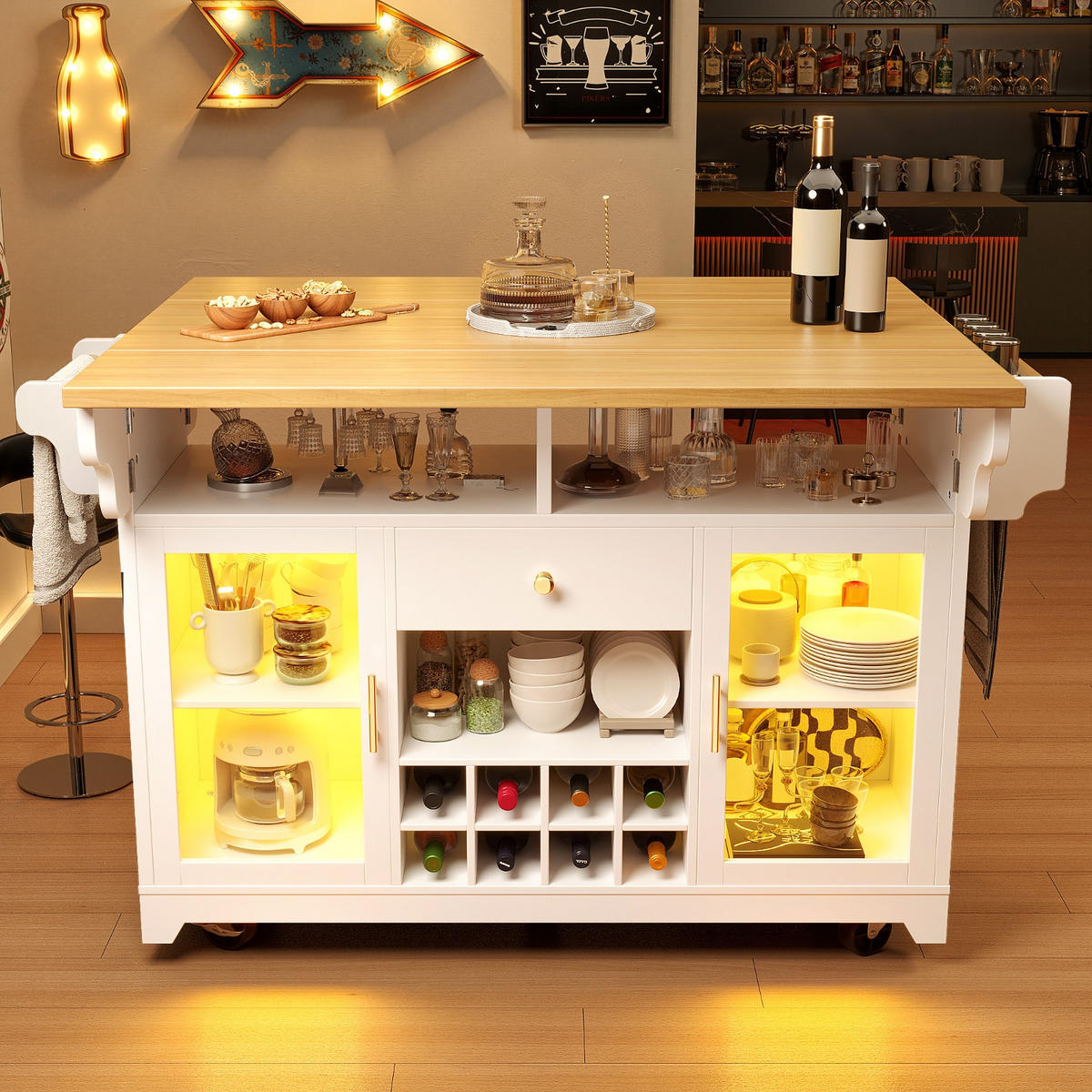 KÜCHENINSEL Mit RGB LED Beleuchtung, Auf Rollen Küche, 120/80/95 cm - Weiß, Holzwerkstoff (80/95/120cm) - Rolipo