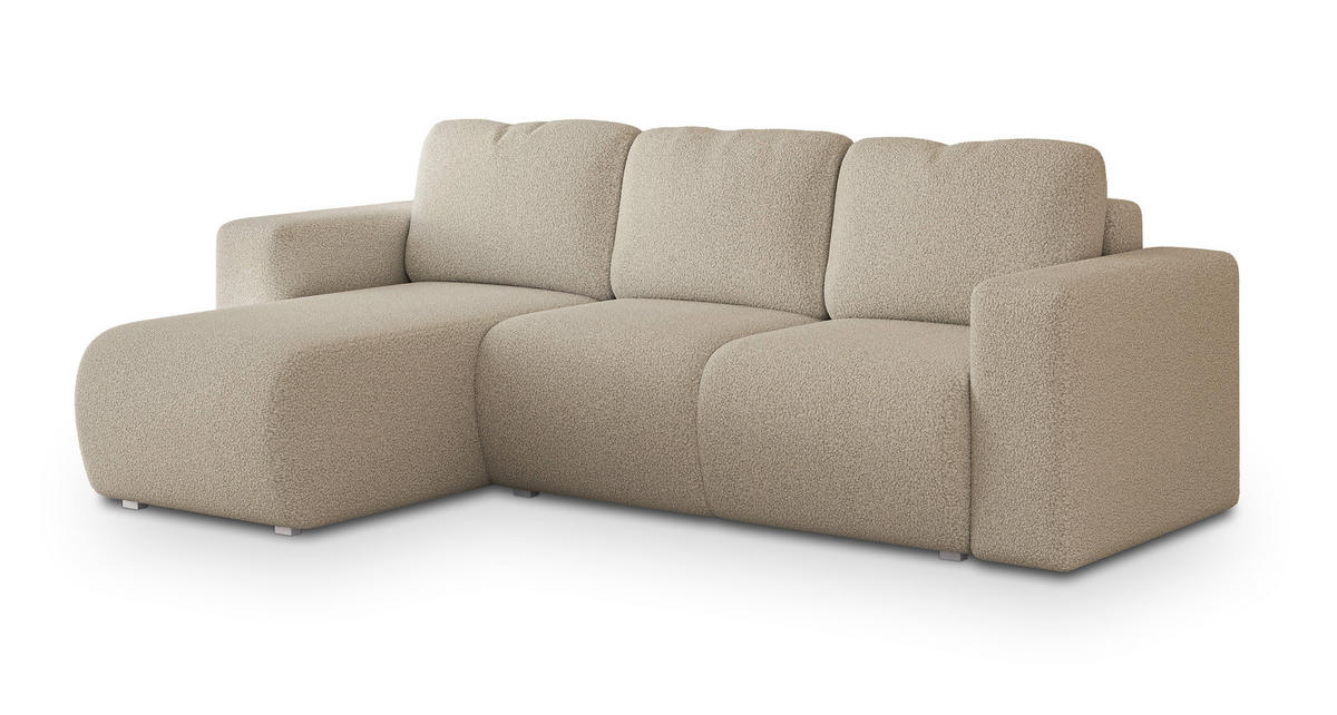 ECKSOFA RINOVA Beige Boucle-Stoff mit Schlaffunktion - Beige, Holz (250/143cm) - MASSENO
