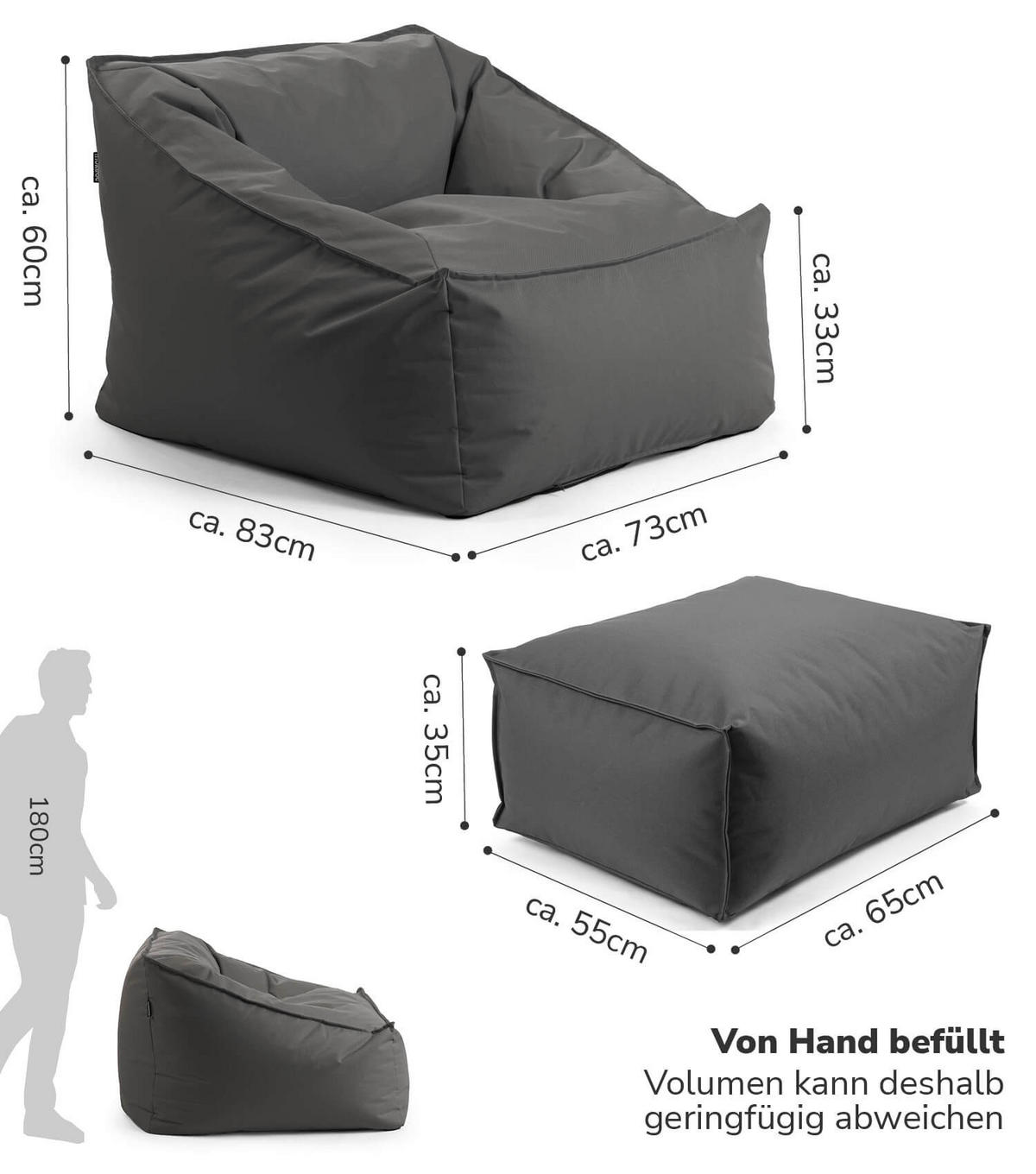 SITZSACK Der Sunnyboy mit Hocker - Schwarz, Textil (73/60/138cm) - Mokebo