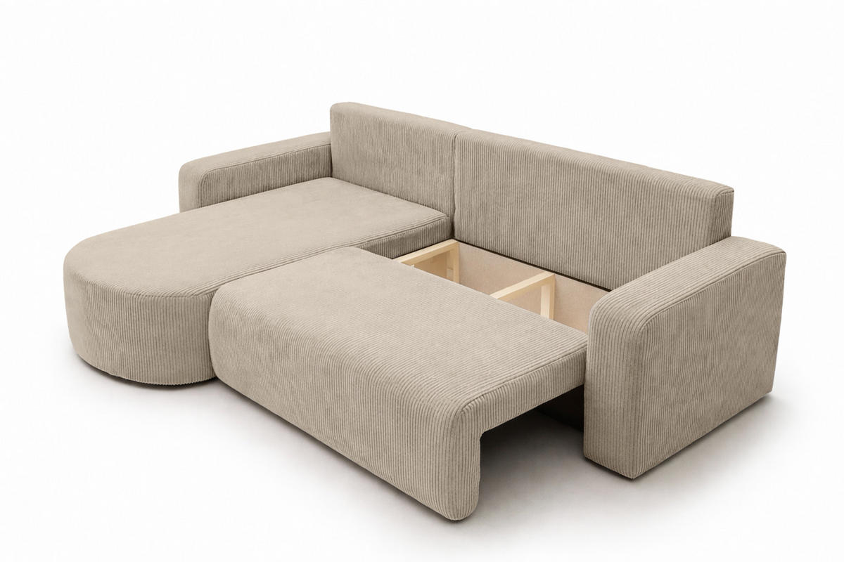 ECKSOFA Mit Schlaffunktion, Cordstoff Poso, Dunkelbeige, Links, ROUND ONE XL - Beige, Holz (271/175cm) - Kaiser Möbel