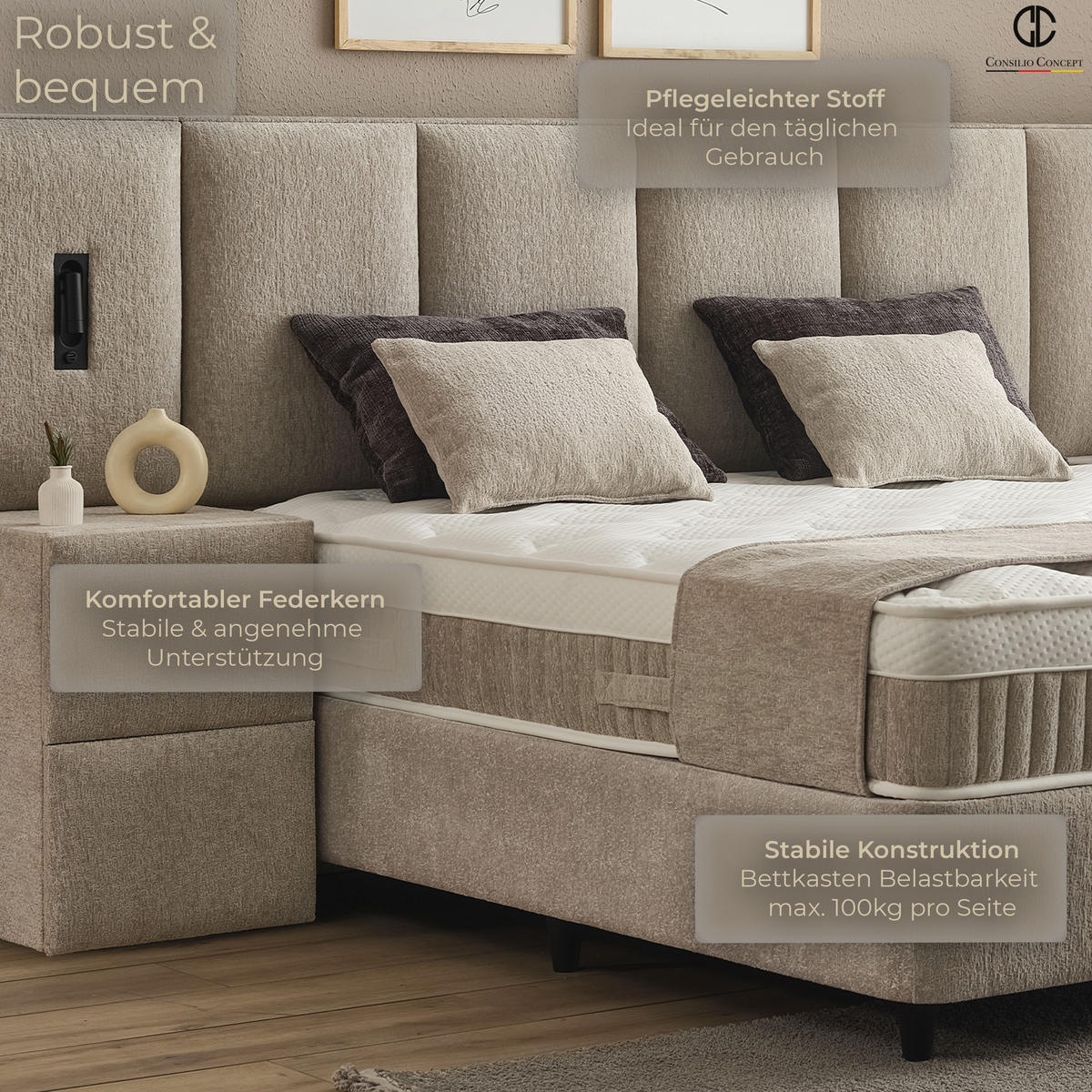 BOXSPRINGBETT MIT BETTKASTEN DAVIS 180/200 cm, Helltaupe, mit Leuchten, Bettkasten, Matratze, Topper integriert, H3 mittel - Taupe/Schwarz, Holz/Kunststoff (180/200cm) - Consilio Concept