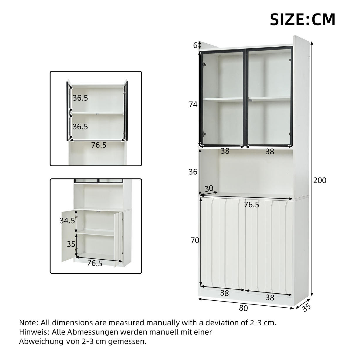VITRINE 80x35x200 cm Weiß mit LED und Glastüren - Weiß, Holzwerkstoff (80/200/35cm) - FLIEKS