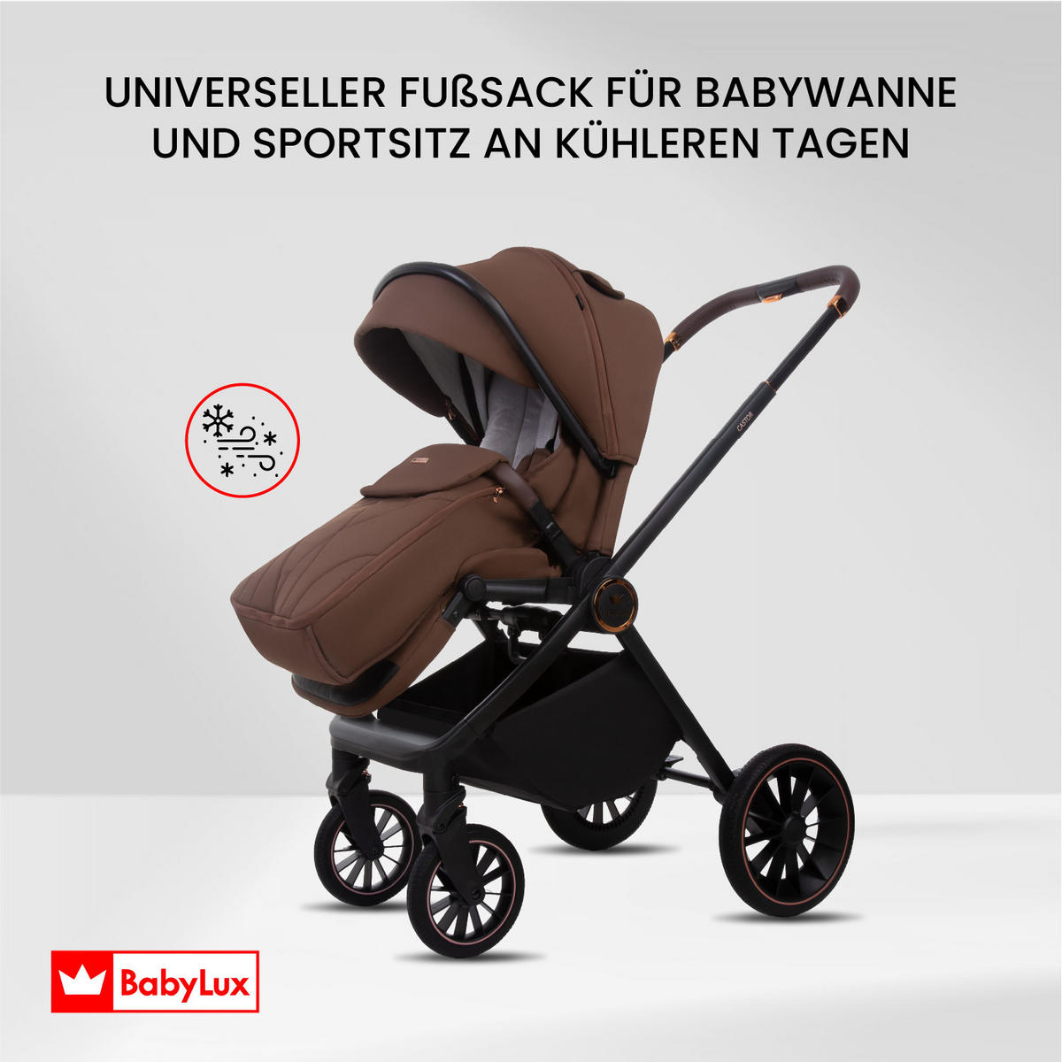 KINDERWAGEN Castor 3in1 Brownie Babywanne, Buggy Sportsitz, Babyschale I-Size - Schwarz/Braun, Textil/Metall (58/99cm) - BabyLux
