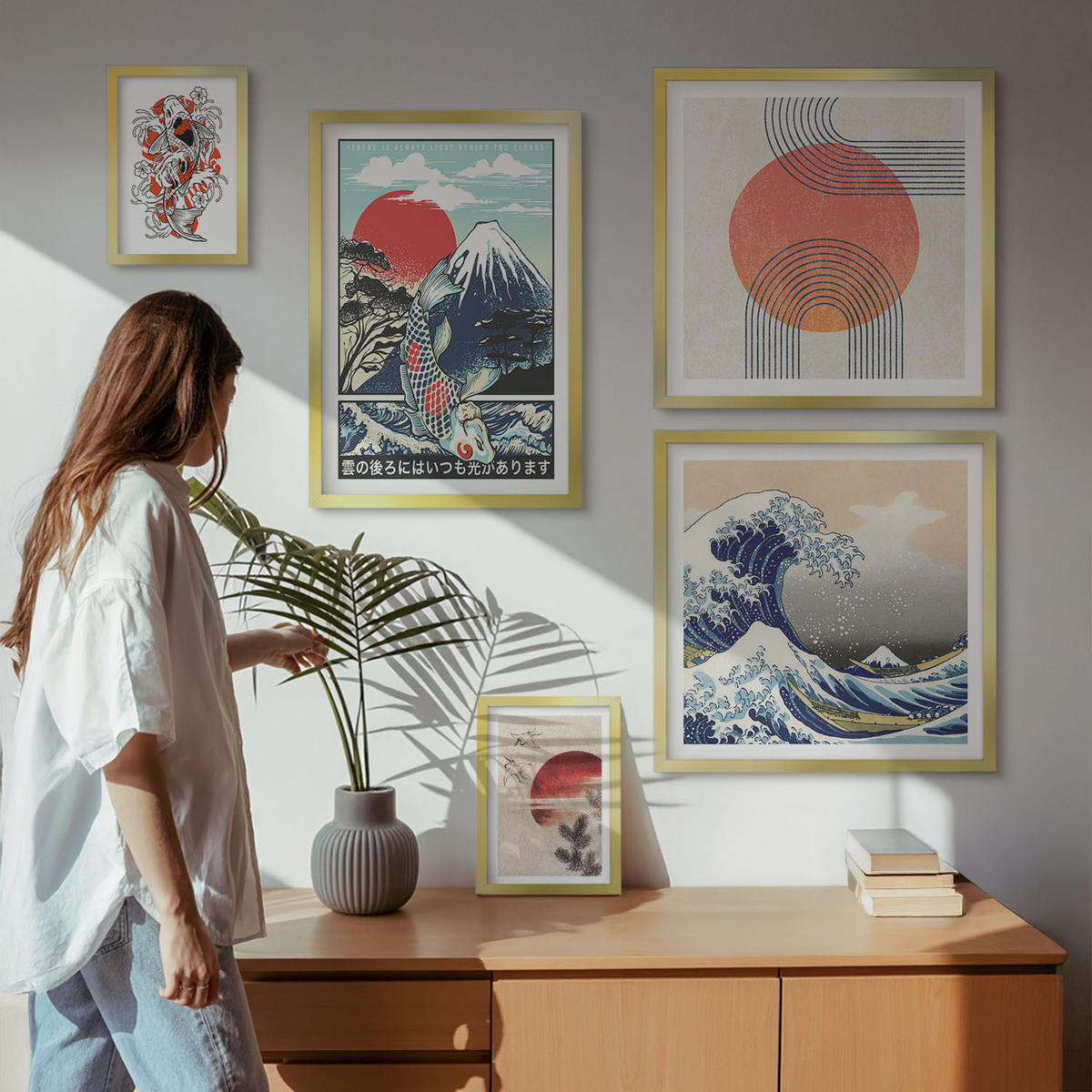 WANDBILDER 5er Set - 50x50 cm & 20x30 cm & 40x60 cm Goldrahmen - Illustrationen von Fischbergen, die sich in Japan ausbreiten - Goldfarben, Kunststoff (40/60cm) - ArtPrintCave