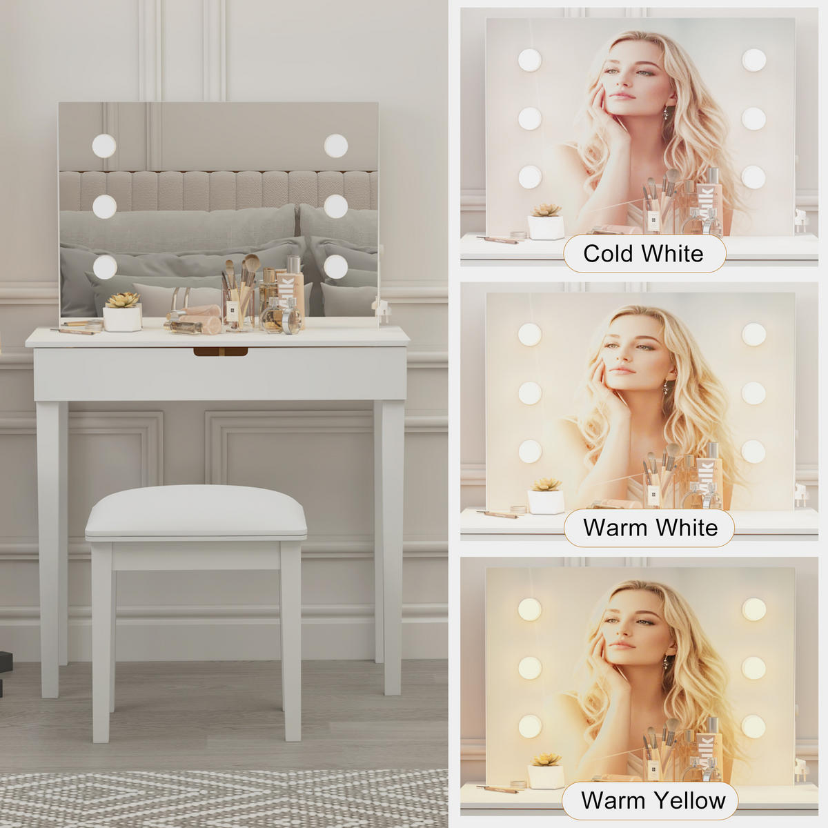 SCHMINKTISCH 100/40/75 cm weiß mit 6 LED-Leuchten höhenverstellbar - Weiß, Holzwerkstoff (125/40/80cm) - OKWISH