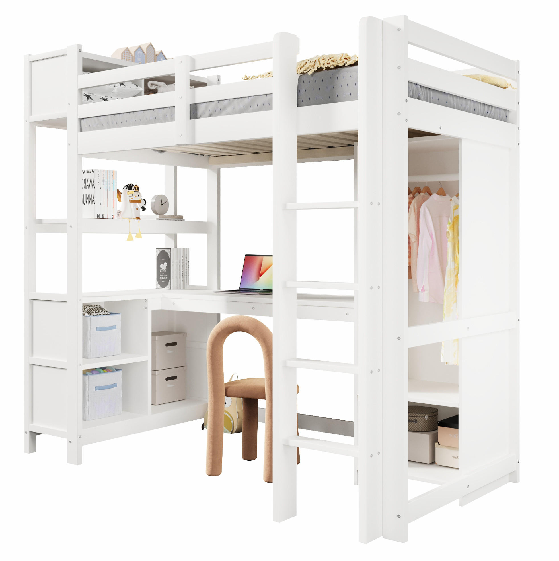 HOCHBETT 90/200 cm Weiß mit Schreibtisch, Regalen und Kleiderschrank - Weiß, Holz (90/200cm) - MIVRAY