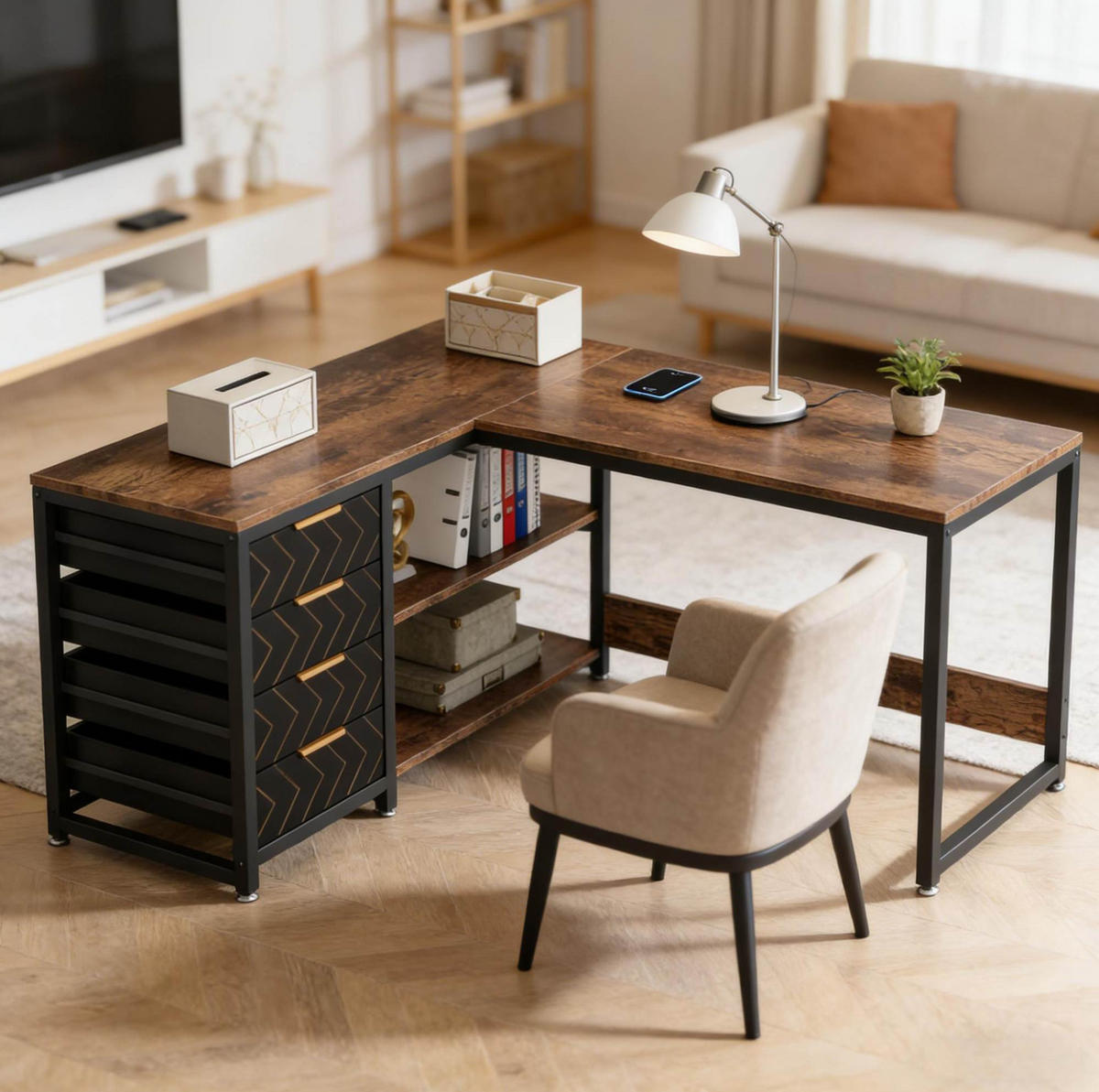 ECKSCHREIBTISCH L-Form mit Regal und 4 Schubladen Schwarz Rustic Brown - Schwarz, Metall (150/110/75cm) - Meubliv