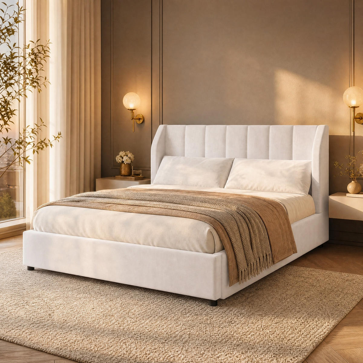 POLSTERBETT 140/200 mit gepolstertem Kopfteil und Lattenrost in Beige - Beige, Holzwerkstoff/Textil (140/200cm) - EVRYAE