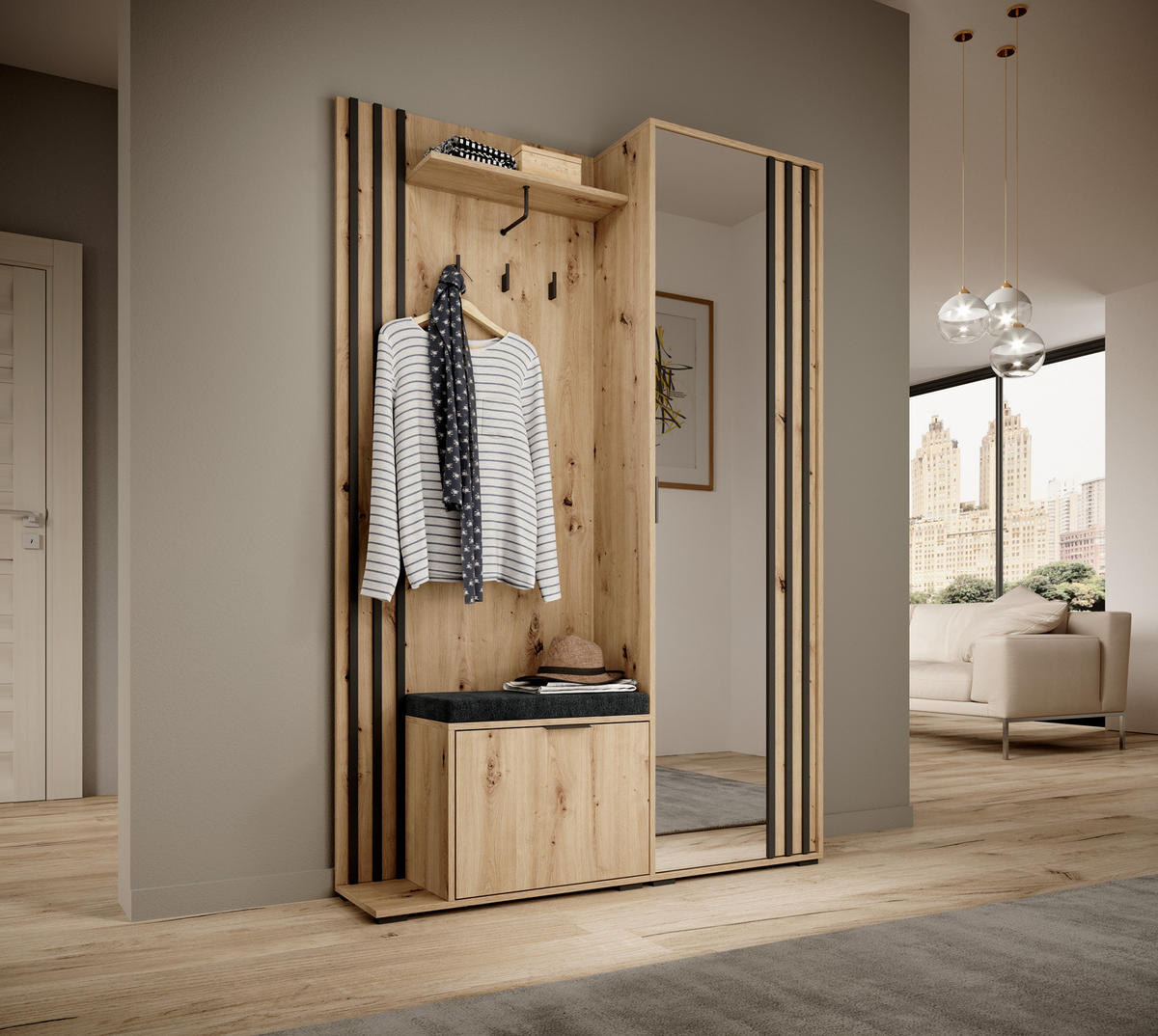 GARDEROBE STILO 131 cm (Artisan Eiche, Schwarze Lamellen, Spiegel, Sitzkissen, Metallgriffe) - Schwarz/Eiche Artisan, Holz/Holzwerkstoff (131/192/40cm) - Ravio