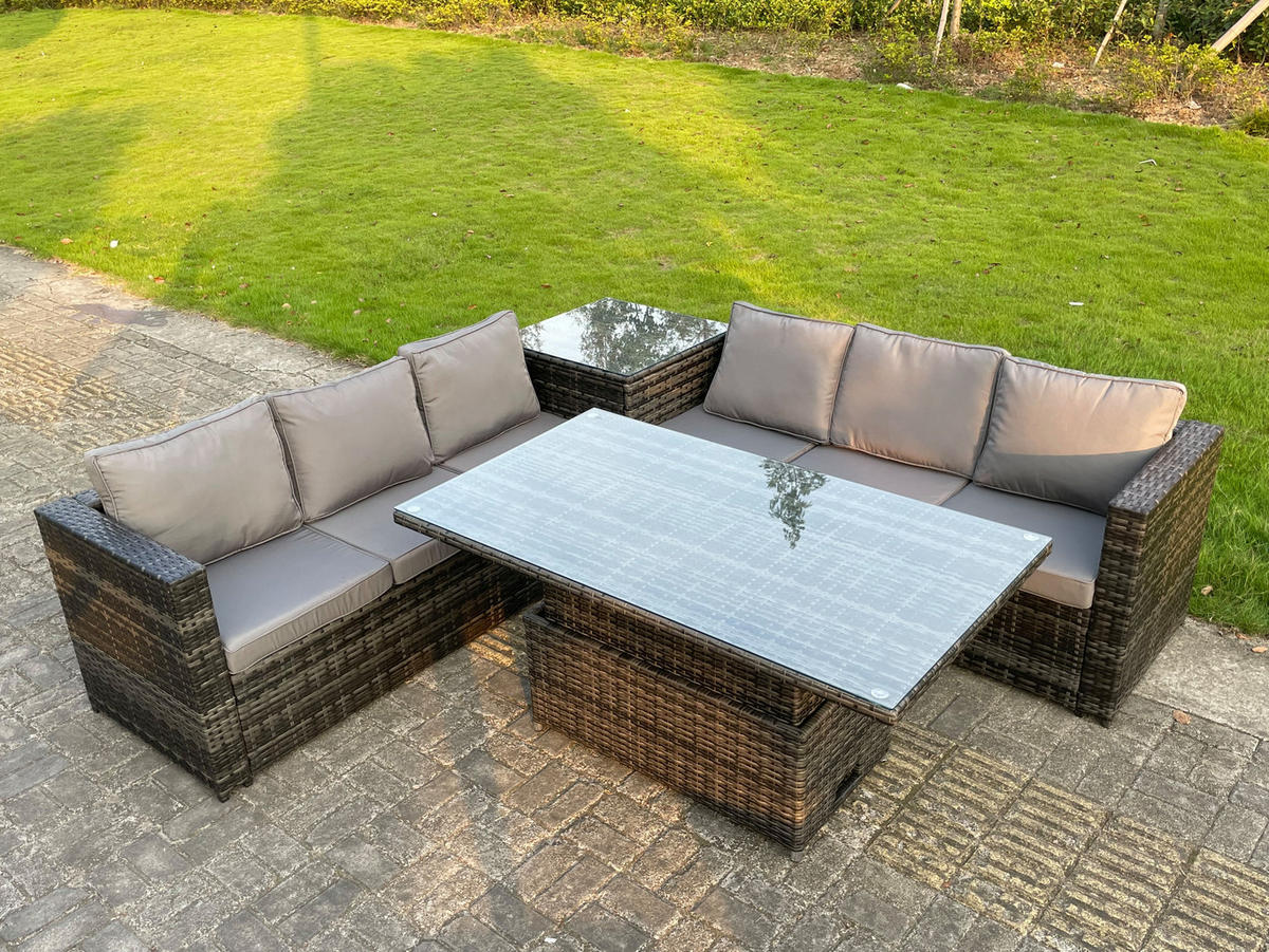 LOUNGESOFA SET mit Stuhl Polyrattan 6-Sitzer - Dunkelgrau/Grau, Glas/Kunststoff - Fimous