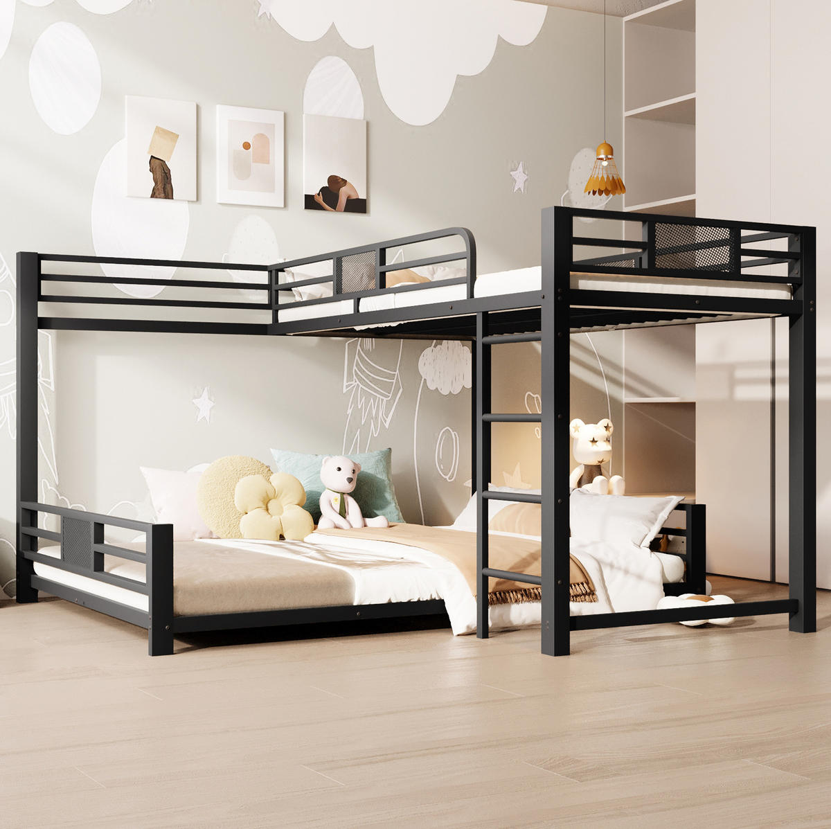 ETAGENBETT 90/200 über 140/200 cm aus Metall mit Schutzgittern und platzsparendem L-Design, Schwarz - Schwarz, Metall (140/200cm) - Redom