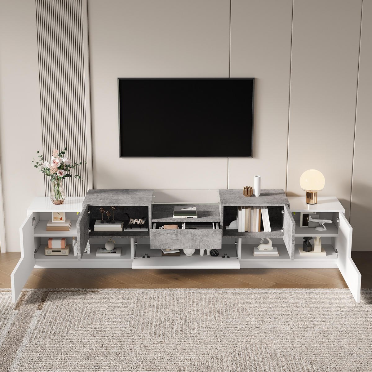 TV-SCHRANK Weiß Zementgrau mit Schublade und Glastür - Weiß, Holzwerkstoff (200/48.5/33cm) - FLIEKS