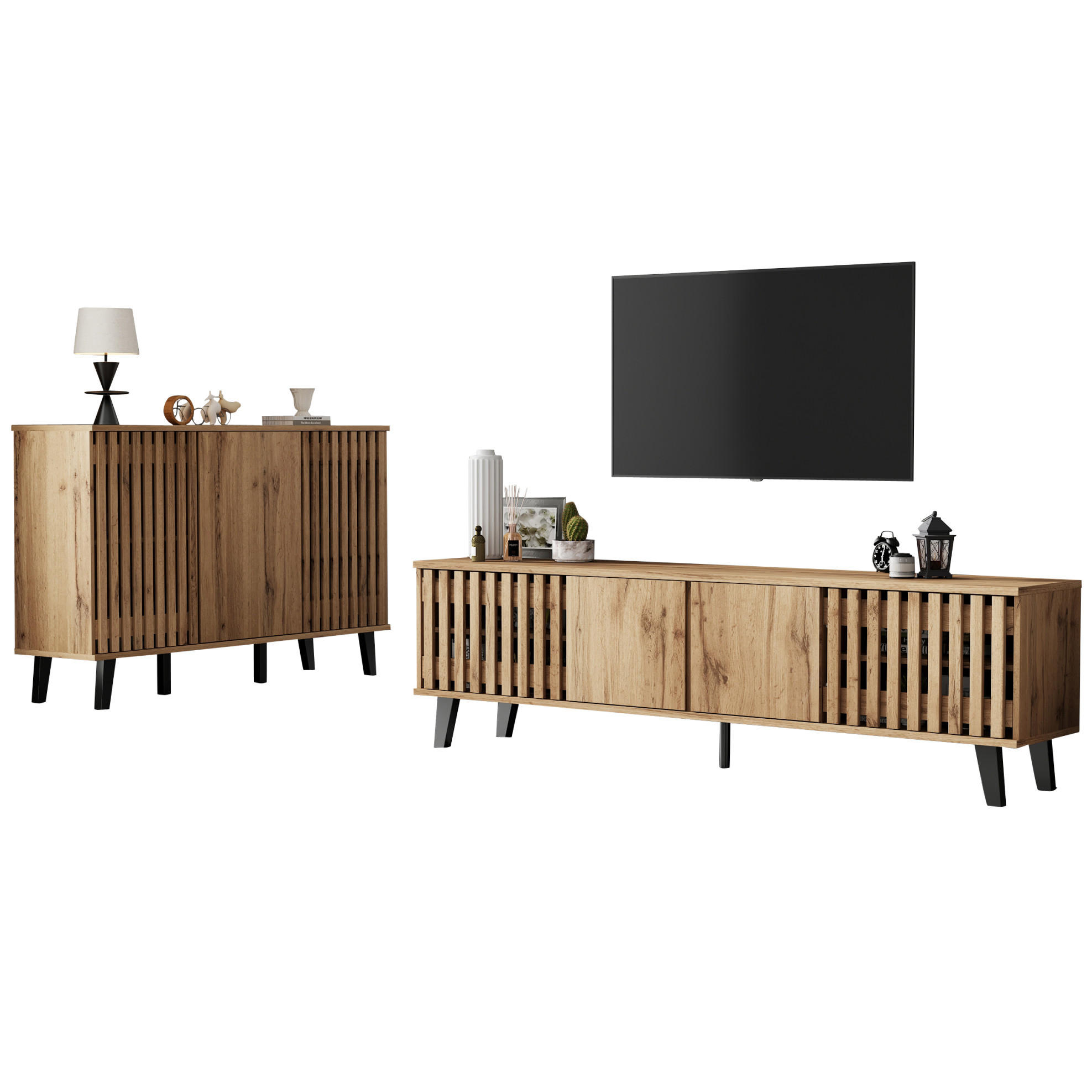 Modfu SADA TV stolku a komody z dřevotřísky 180x40x55/150x40x95 cm v dekoru přírodního dřeva s úložným prostorem
