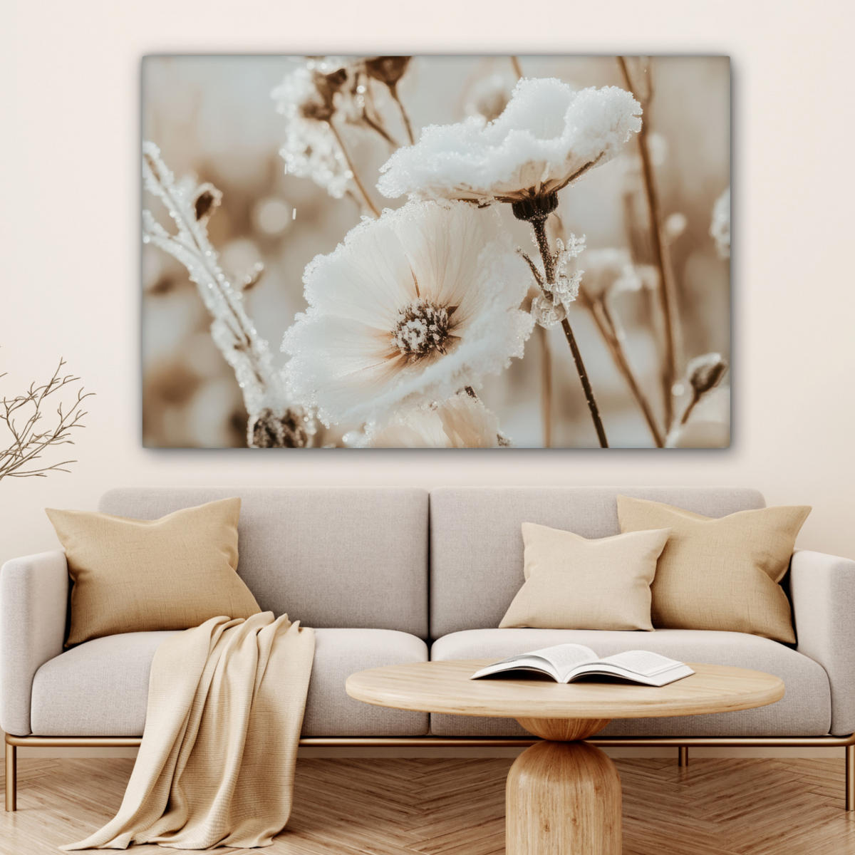 LEINWANDBILD Blumen - Winter - Weiß - Schnee - Beige Wohnzimmer Groß 120x80 cm - Creme, Textil (120/80cm) - MuchoWow