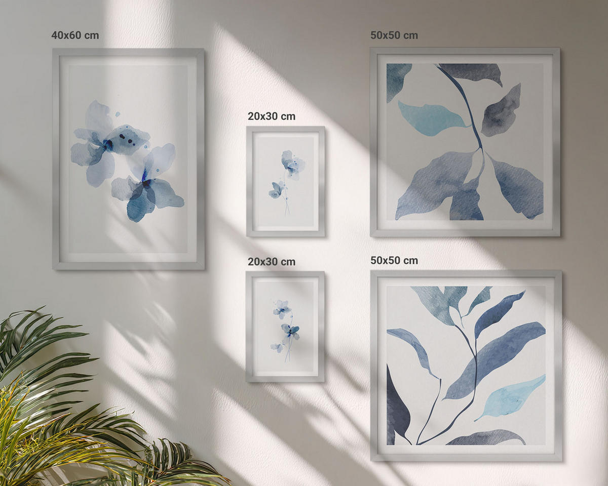 BILDER SET 5er Set - 50x50 cm & 20x30 cm & 40x60 cm Silberner Rahmen - Minimalistische blaue Blumen - Silberfarben, Kunststoff (40/60cm) - TULUP