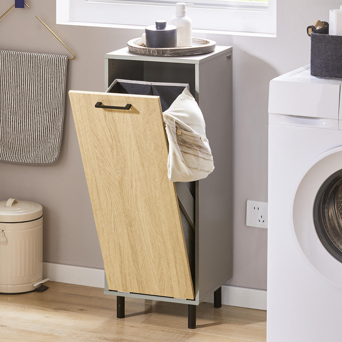 WÄSCHESCHRANK mit Wäschesack Grau - Naturfarben/Grau, Holzwerkstoff/Metall (31/86/30cm) - SoBuy