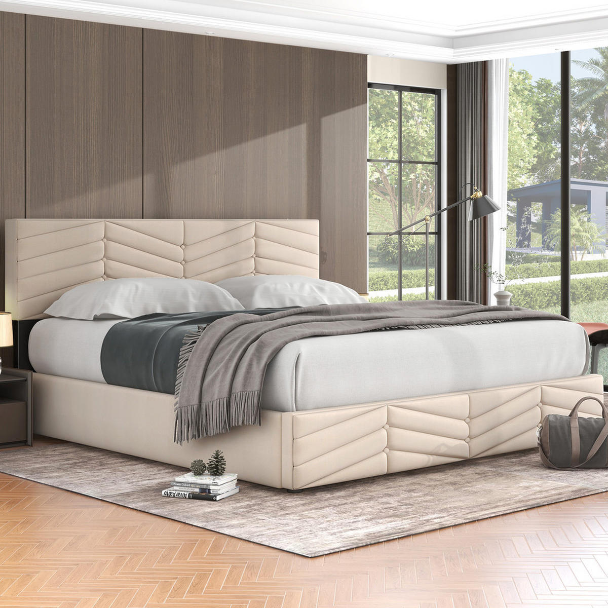 BETT Streifen-Stil Samt 180x200 Beige Hydraulischer Stauraum - Beige, Textil - Raelunyi