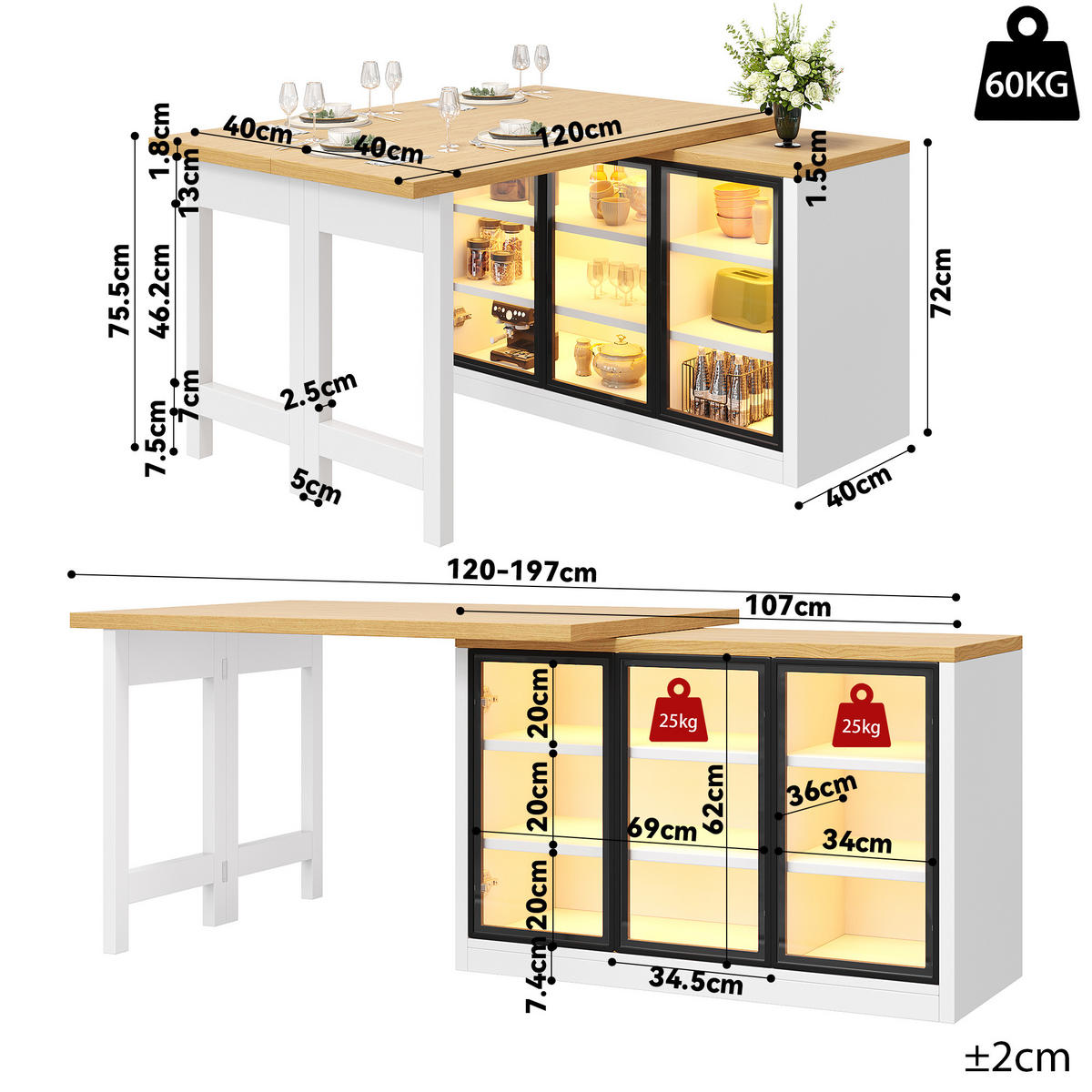 KÜCHENINSEL 360° Drehbar LED Stauraum Weiß - Weiß, Glas (120/72/40cm) - FLIEKS