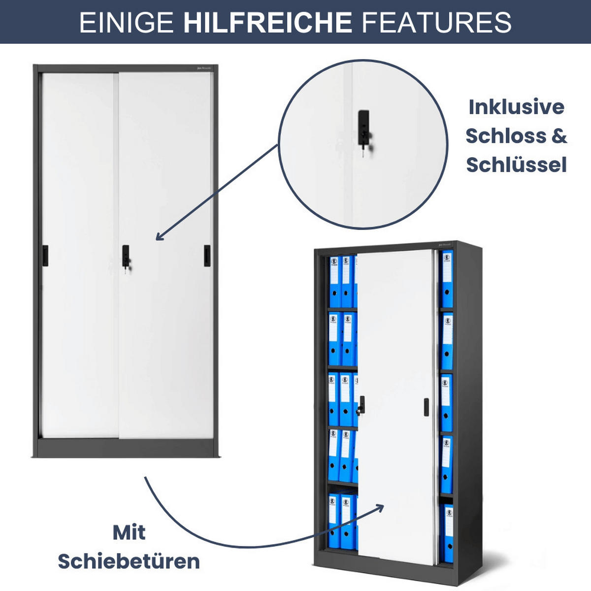 AKTENSCHRANK abschließbar ROLF mit Schiebetüren 185x90x40cm Anthrazit-Weiß - Anthrazit, Metall (90/185/40cm) - DELUKE