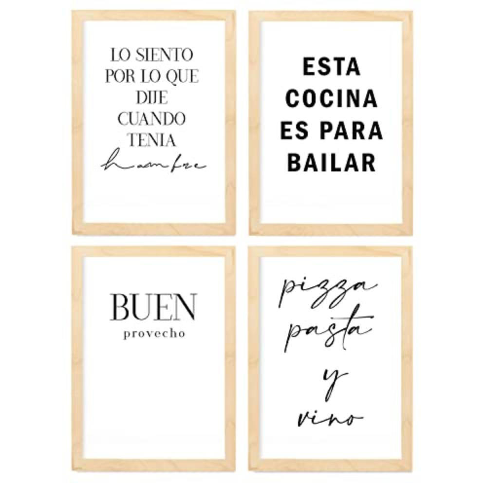 POSTER Set mit 4 Küche TypografieStil A4 Rahmen aus hellem Holz - Beige, Papier (29.7/3cm) - Nacnic