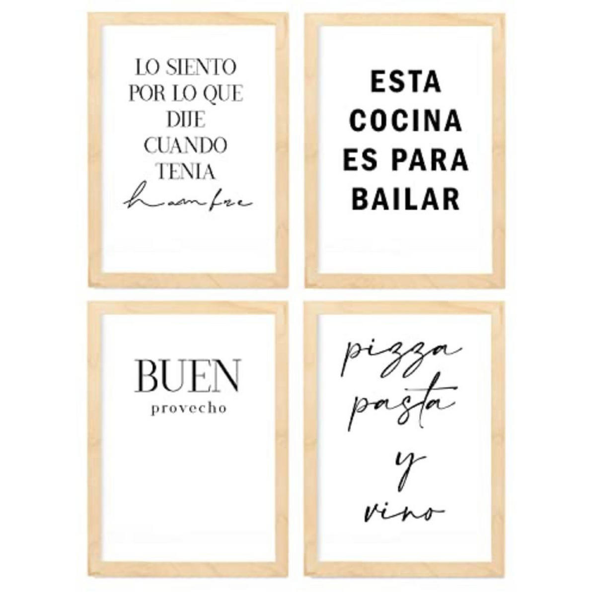 POSTER Set mit 4 Küche TypografieStil A4 Rahmen aus hellem Holz - Beige, Papier (29.7/3cm) - Nacnic