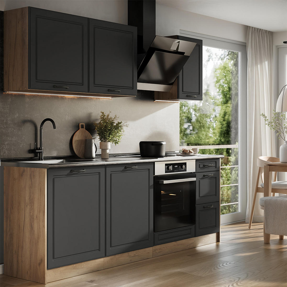 KUCHYNKA R-Line, Antracitový vidiecky dom/Dub Goldkraft, 220 cm Marmori työtaso - dub medový/antracitová, kompozitné drevo (220/81.6/60cm) - Vicco