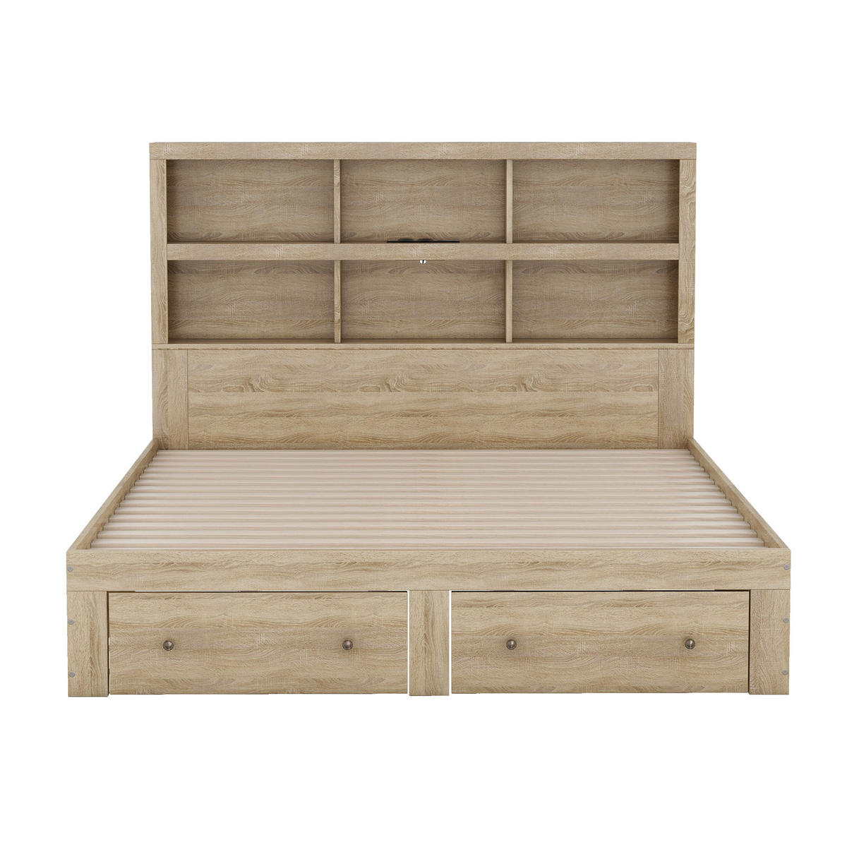 DOPPELBETT 160x200cm Natur Spanplatte 2 Schubladen Kopfteil Stauraum - Naturfarben, Holz (160/200cm) - FLIEKS