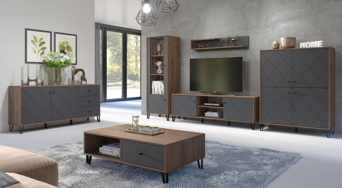 SIDEBOARD Graphite grau, Eiche Kraft Gold 183 x 76 cm, Kommode mit Soft-Close - Eichefarben/Schwarz, Holzwerkstoff/Kunststoff (183/76/40cm) - Top.Furn