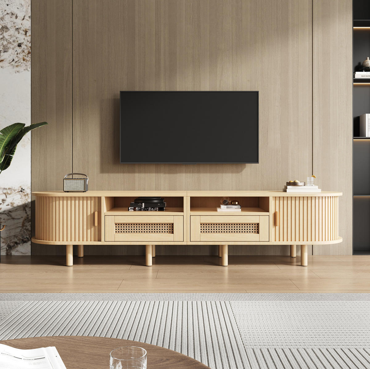 TV-BOARD aus MDF 170x40x40 cm Helles Eichenholz mit 2 Schubladen, 2 Schiebetüren und ovaler Form - Naturfarben, Holzwerkstoff (170/40/40cm) - Modfu