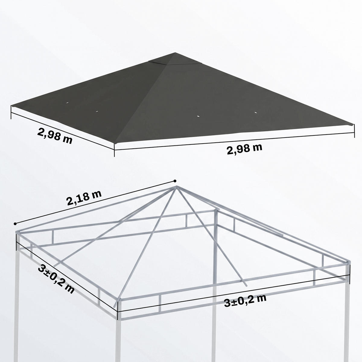 NÁHRADNÍ STŘECHA pro altán 3 x 3 m, vodoodpudivá, střecha altánu UPF30+, náhradní potah - šedá, textil (298/1/298cm) - Outsunny
