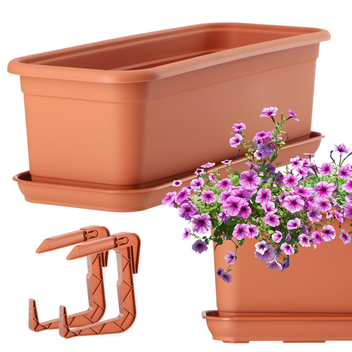 BALKONKASTEN mit Untersetzer und Griffen 40 cm, Terrakotta - Terracotta, Kunststoff (15/40cm) - KADAX