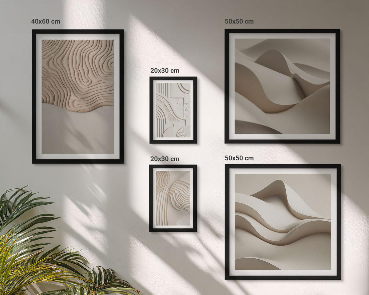 WANDBILDER 5er-Set - 50x50 cm & 20x30 cm & 40x60 cm Schwarzer Rahmen - Abstrakte Wellen auf dem Sand - Schwarz, Kunststoff (40/60cm) - ArtPrintCave
