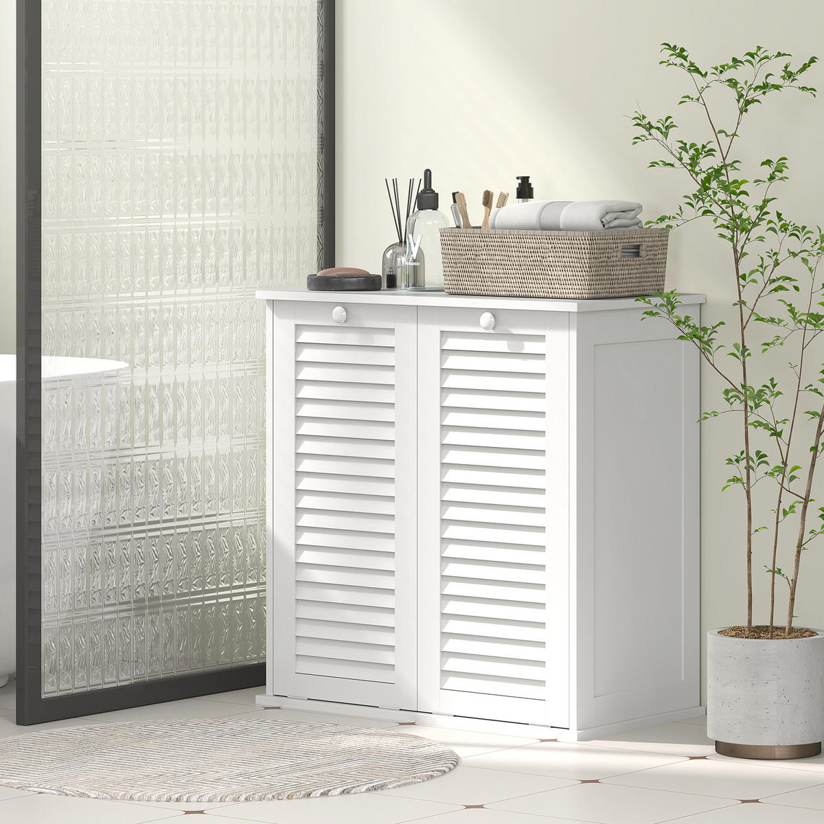 MIDISCHRANK DE-17347 2 Wäschekörbe mit Lamellentüren Weiß - Weiß, Holzwerkstoff (70/73/38cm) - ComfortXL