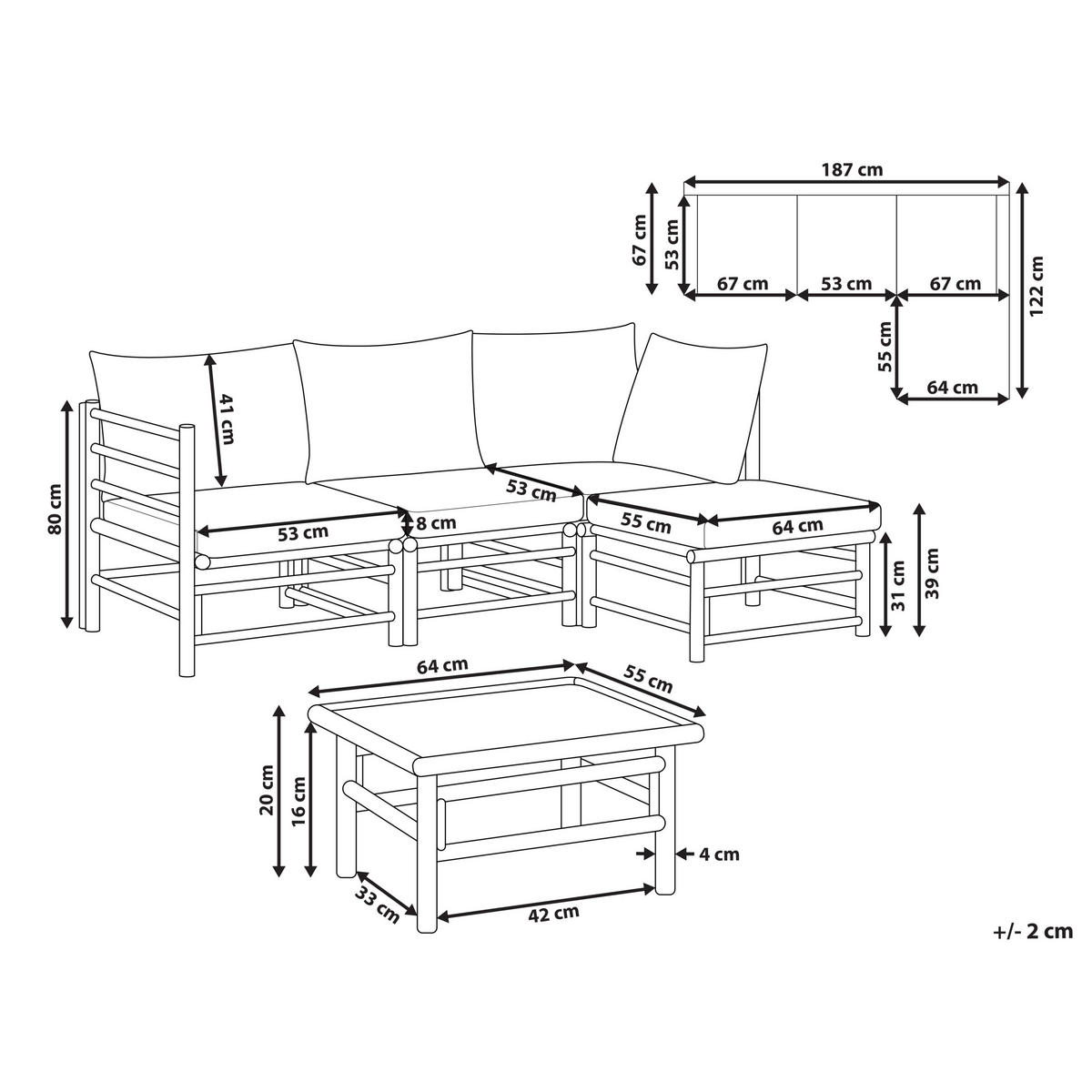 LOUNGE SET 4-Sitzer Bambusholz hellbraun 3-teilig Auflagen taupe Cerreto - Taupe, Holz - Beliani