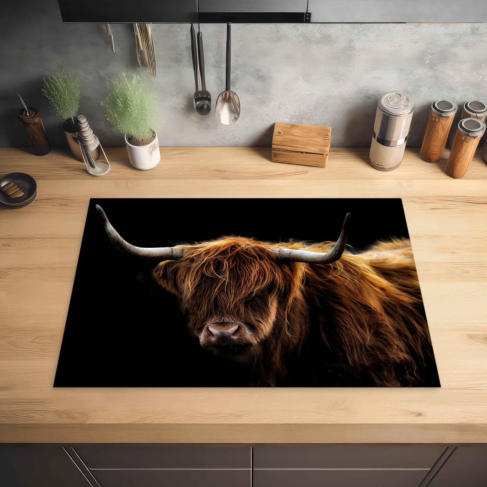 HERDABDECKPLATTE Schottischer Highlander - Hörner - Schwarz - Tiere - Natur - Wild - Kuh 75x52 cm - Cognac, Kunststoff (75/0.2/52cm) - MuchoWow