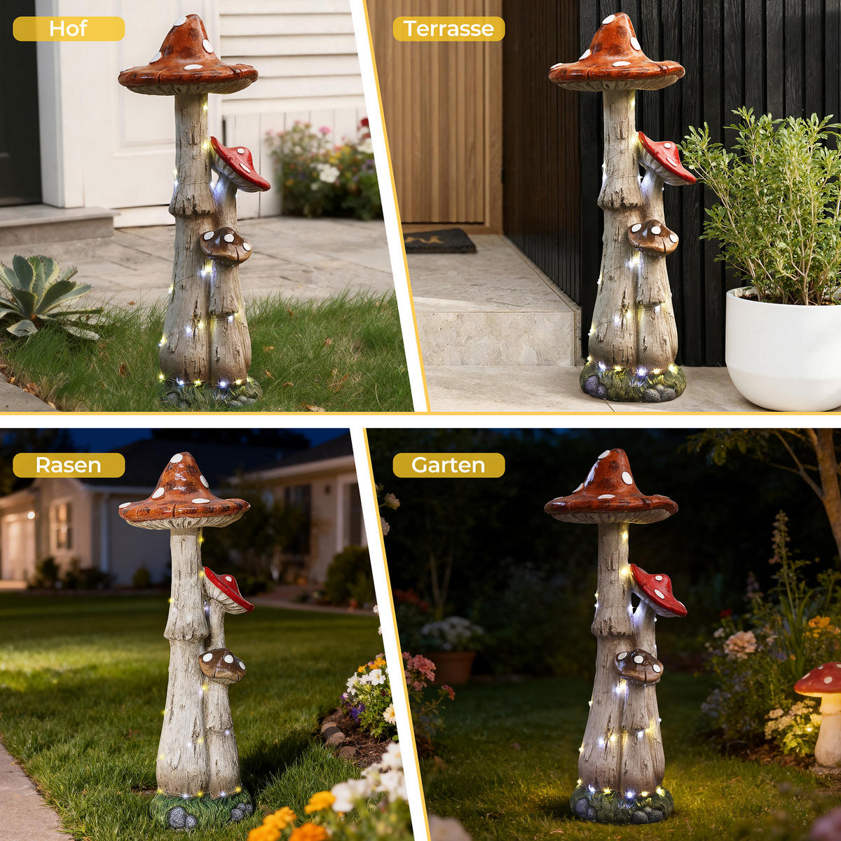 80 cm MGO Solarenergie Gartenskulptur Pilz, mit LED-Beleuchtung Geschenkidee für Mama - Multicolor, Naturmaterialien (31/80/29cm) - Hometopia