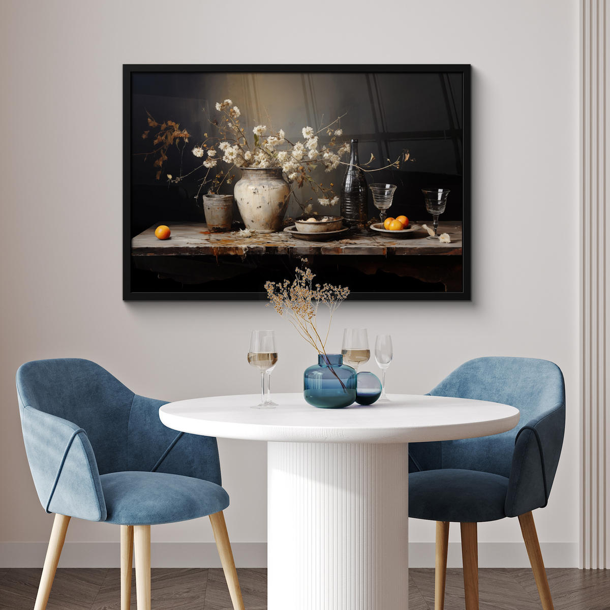 POSTER MIT RAHMEN Stilleben - Blumen - Blumenstrauß - Vase - Wein 90x60 cm - Schwarz, Papier (90/60cm) - MuchoWow