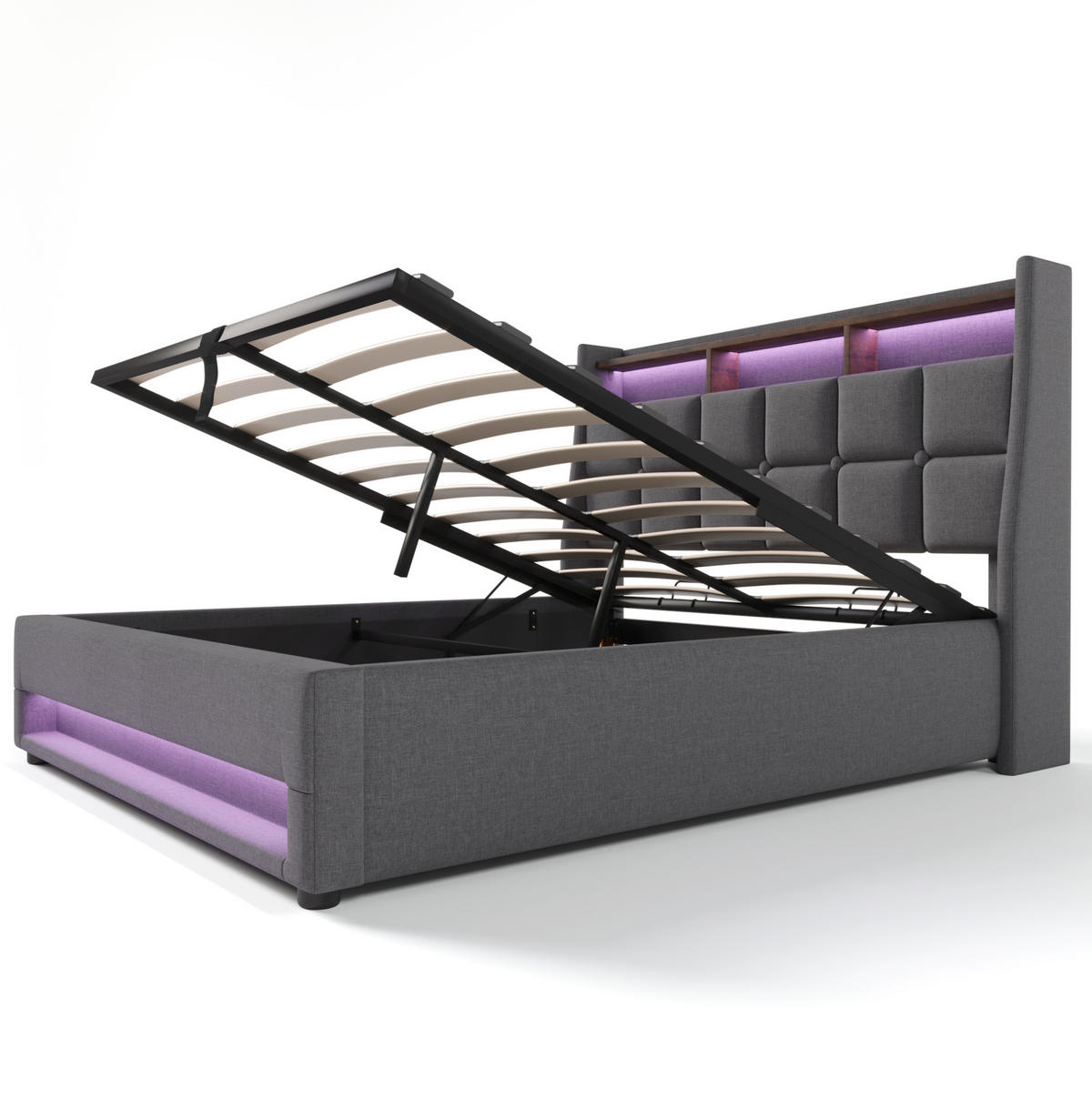 POLSTERBETT 140/200 cm Grau mit LED-Beleuchtung, USB-Anschluss und Stauraum - Grau, Textil (140/200cm) - Flora Grace