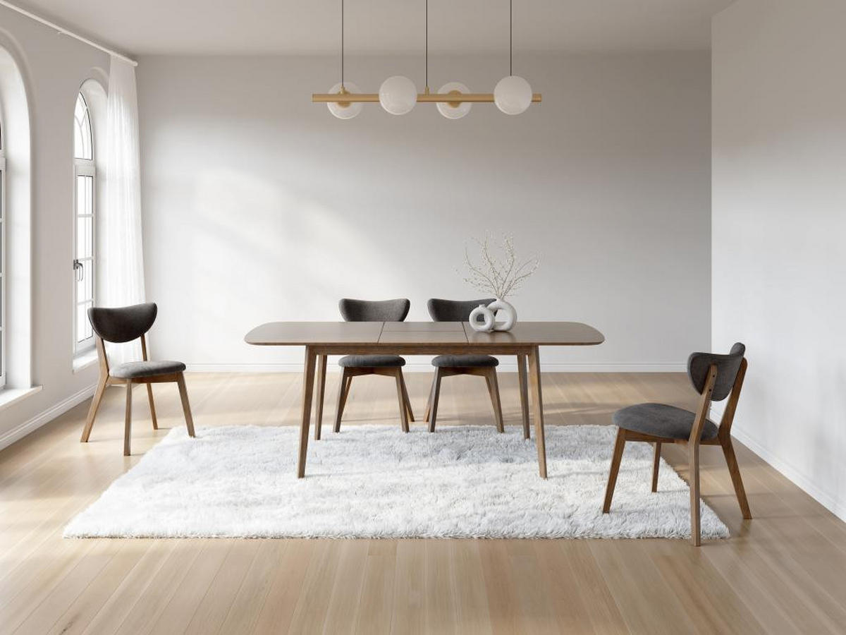 STUHL 6er-Set - Strukturstoff & natürliches dunkles Kautschukholz - Anthrazit - LISETTE - Anthrazit, Holz (50/79/47cm) - Vente-Unique