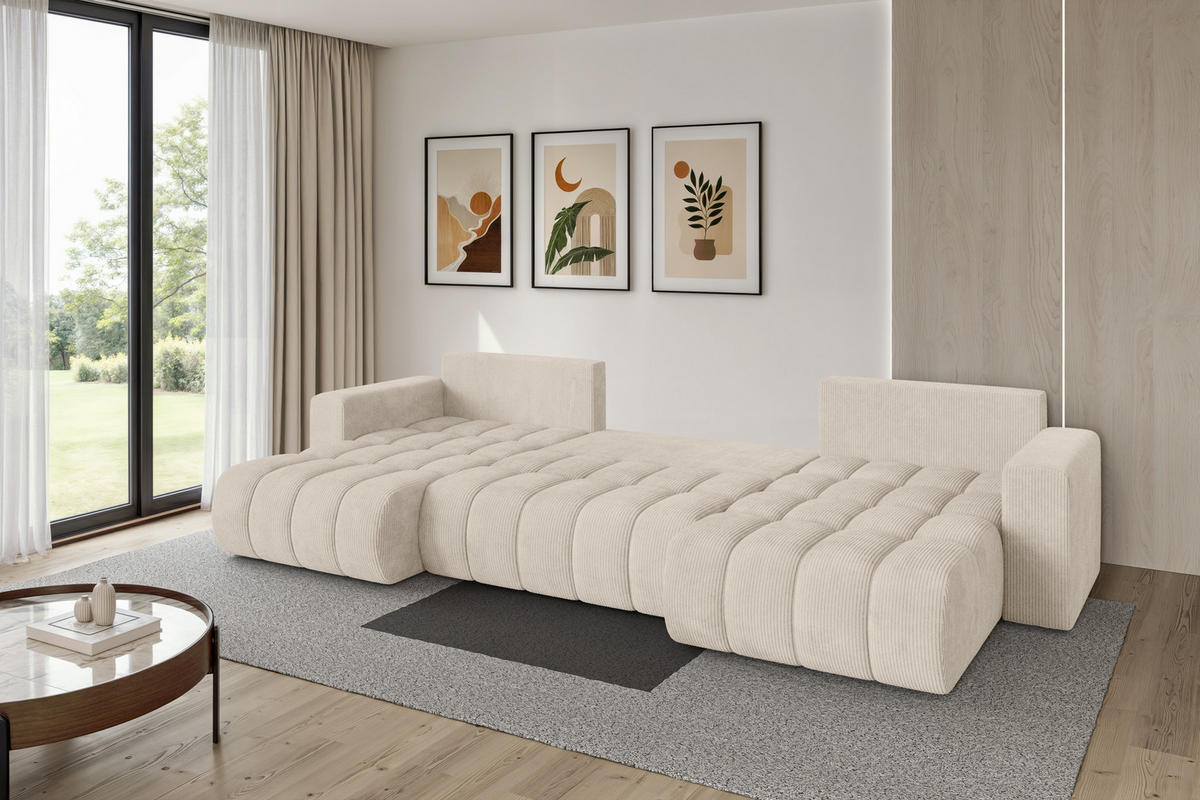 SEDACÍ SOUPRAVA DO U s funkcí spaní a úložným prostorem MILA-U-v1 378x194x86 béžová manšestr - černá/béžová, kompozitní dřevo/textil (378/86/194cm) - ALTDECOR