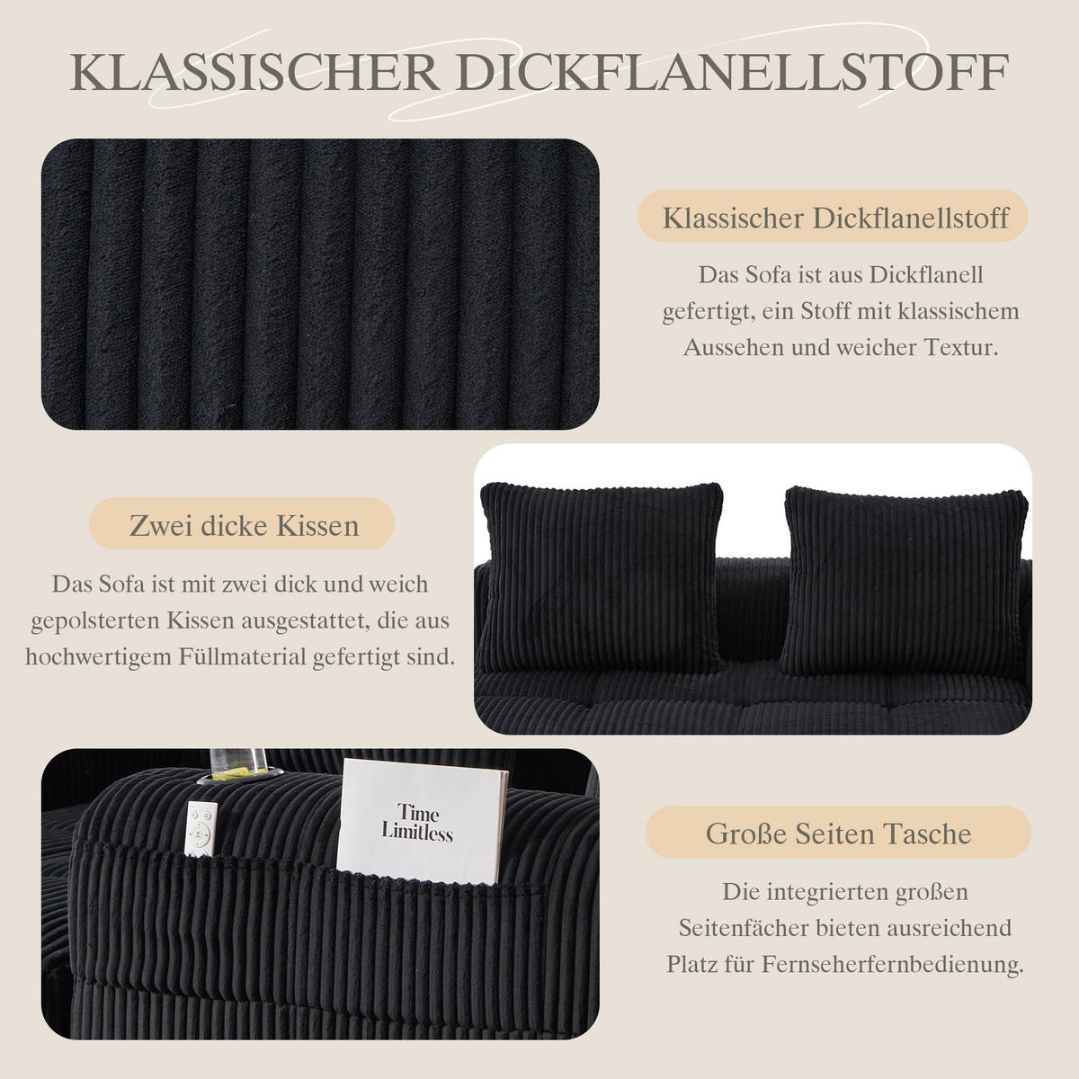 2-SITZER-SOFA aus Cord 158x93x61 cm in Schwarz mit Seitenfächern & Becherhaltern - Schwarz, Textil (93/61/158cm) - Modfu